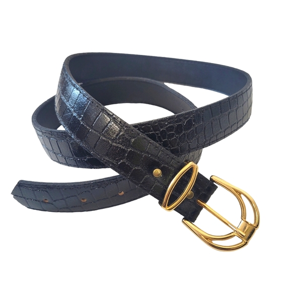 Vintage Accessories - Vintage black leather belt with gold buckle